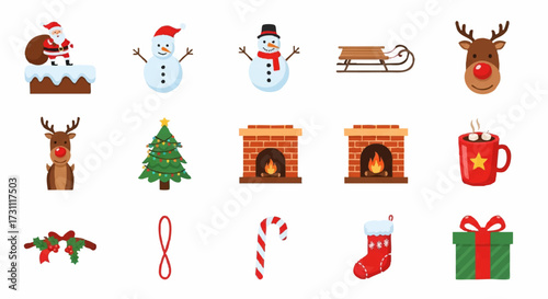 Christmas icons set with santa, reindeer, snowman, tree, fireplace