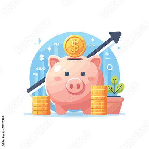 Piggy bank with coins and growth chart in background