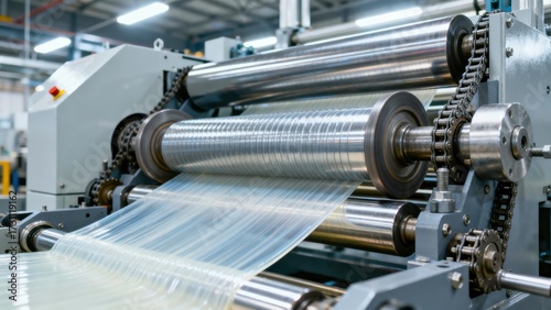Industrial machine plastic film roller close up manufacturing factory production metal technology precision shiny automated process engineering