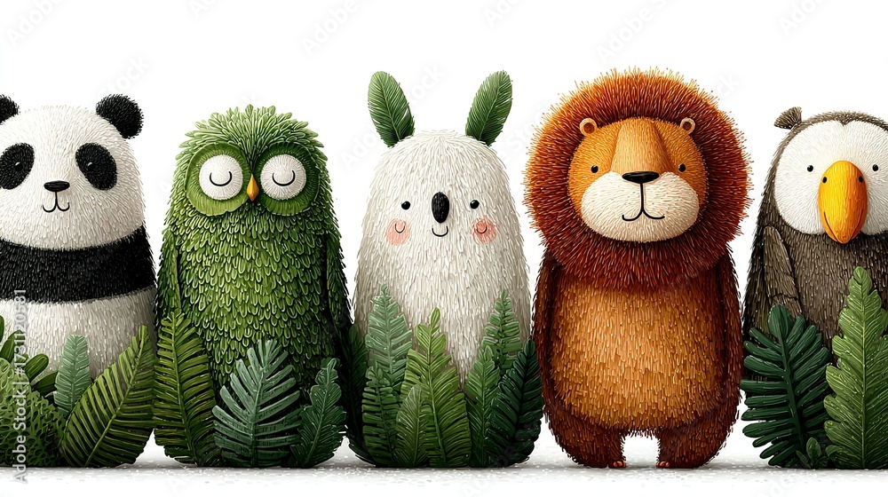 Fototapeta premium Five stylized animal figures panda owl rabbit lion and bird on white.