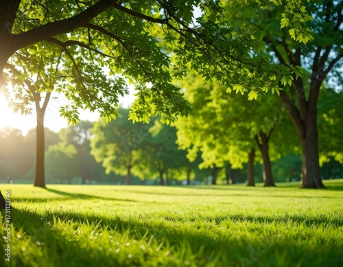 Fototapeta Naklejka Na Ścianę i Meble -  Lush parkland bathed in golden sunlight (1)