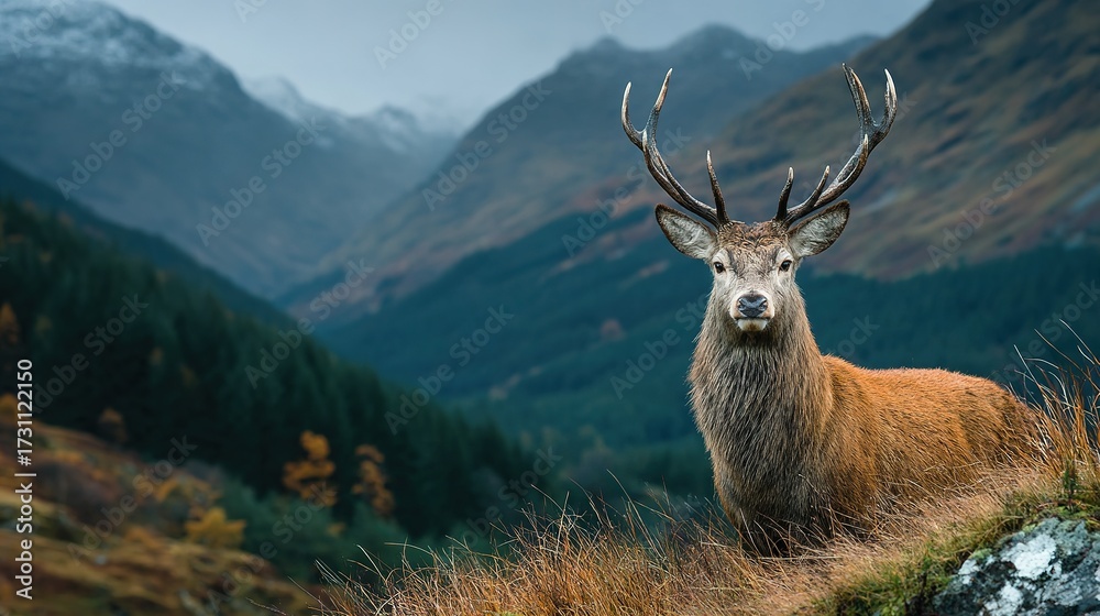 Obraz premium Deer with antlers stands in a mountain landscape with cloudy sky.