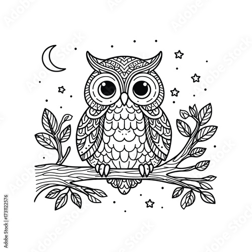 Intricate owl illustration perched on a branch at night (1)