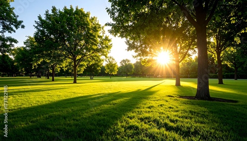 Fototapeta Naklejka Na Ścianę i Meble -  Lush parkland bathed in golden sunlight (1)