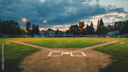 Scenic View of a Baseball Field at Dusk with Dramatic Sky and Illuminated Outfield Lights