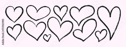 Crayon Hearts. Vector Chalk and Pencil Heart Shape in Black Color. Hand Drawn Doodle Love Icon Set in Kids Style for Web Design, Patterns, Logos, Valentines Day Cards