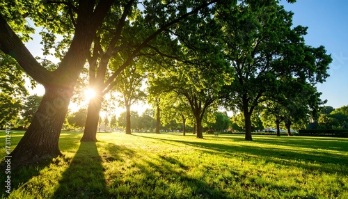 Fototapeta Naklejka Na Ścianę i Meble -  Lush parkland bathed in golden sunlight