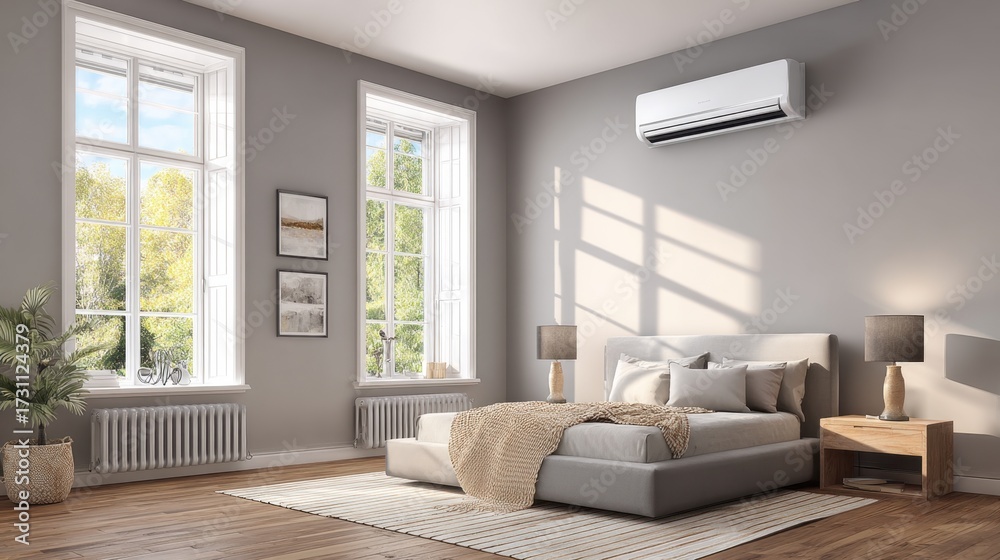 Fototapeta premium Modern Minimalist Bedroom with Cozy Bed, Air Conditioning Unit, and Natural Light from Large Windows