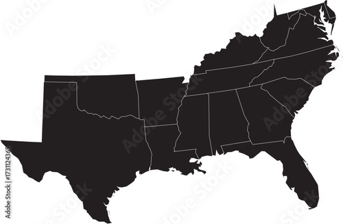 South States of USA Silhouette Map Isolated