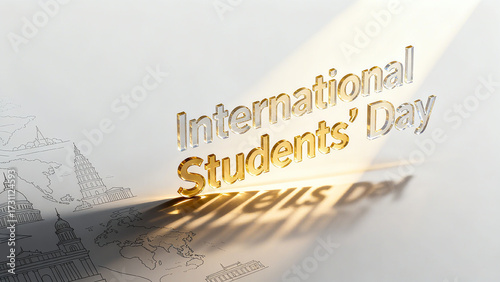 Elements such as three-dimensional text and landmarks represent International Student Day, global landmarks, and student concepts, suitable for expanding students' global perspectives.
