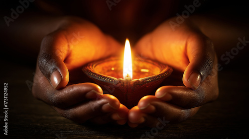 Close up of hands holding diya oil lamp for diwali festival of lights and hindu celebration