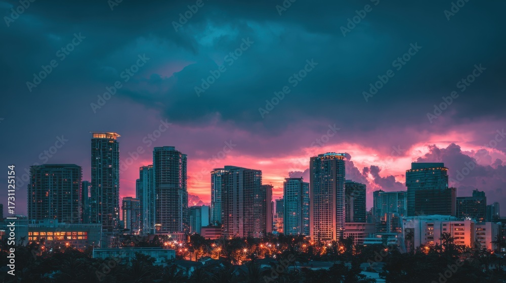 Obraz premium Vibrant City Skyline at Dusk with Dramatic Clouds and Beautiful Sunset Over Skyscrapers and Urban Landscape