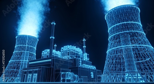 Futuristic Nuclear Power Plant Cooling Towers with Blue Neon Wireframe Style