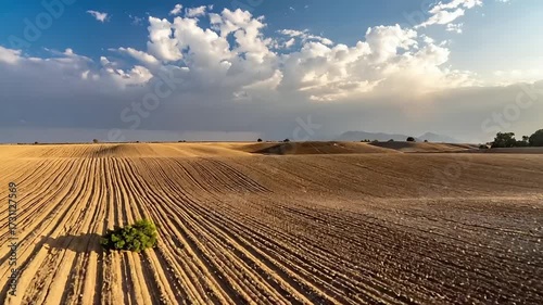 Arid landscape view with plowed field under cloudy blue sky