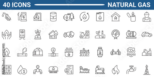 Set of 40 outline icons related to natural gas. Linear icon collection. Editable stroke. Vector illustration.