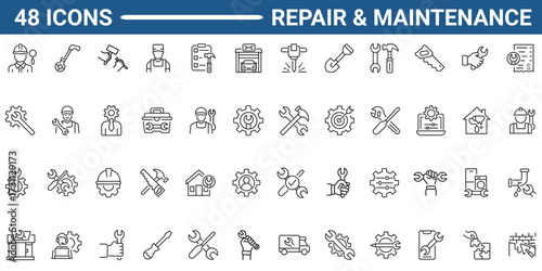 Set of 48 outline icons related to repair, maintenance, construction. Linear icon collection. Editable stroke. Vector illustration.