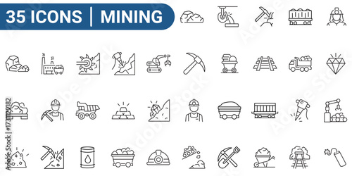 Set of 35 outline icons related to mining. Linear icon collection. Editable stroke. Vector illustration.