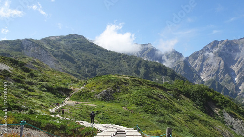 日本：白馬八方尾根ルートの木道と雄大な景色／長野県白馬村・9月