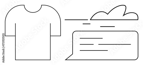 Minimalist T-shirt shape paired with a cloud and text bubble, representing fashion, digital creativity, online messaging, communication, innovation, social media, and technology trends. A simple flat