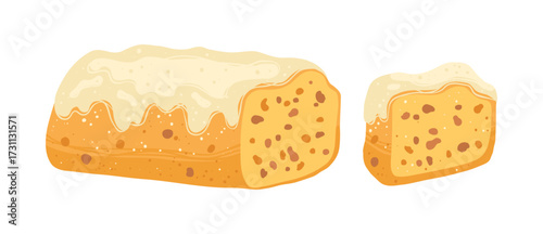 Cake traditional German Christmas Stollen illustration. Pie cupcake dessert with dried fruit raisins icing glaze. Pastry bit desserts hand drawn textured cartoon vector illustration