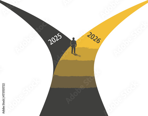 A person stands at a crossroads, facing a choice between two future paths labeled 2025 and 2026.