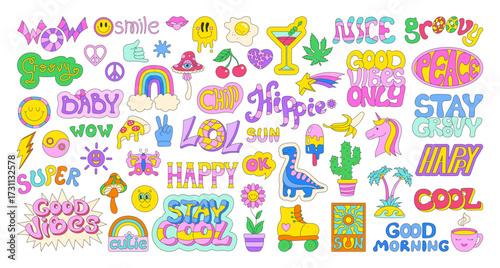 Retro happy sticker pack set. Vintage comic label shape smiling face, memories, trendy cool sticker retro 90s cartoon style. Naive playful old school groovy quote patch bundle vector illustration