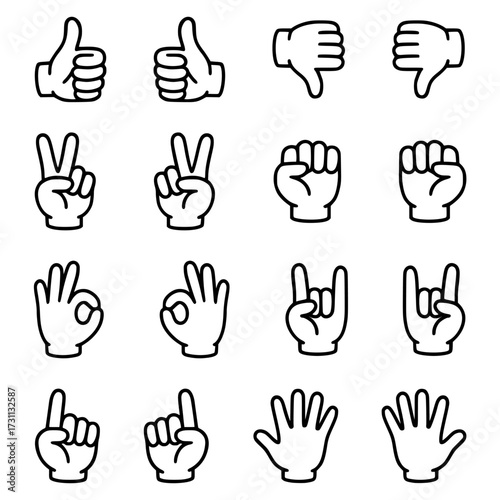 A collection of hand gesture vector icons in a simple black line doodle style. These include various expressions such as thumbs up and down, peace sign, OK sign, clenched fist, rock sign, and more.