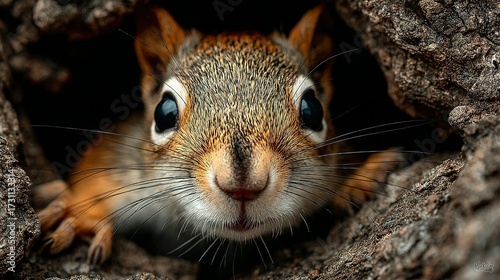 Squirrel peers out from a tree hollow brown fur cute animal wildlife.