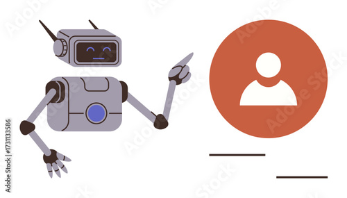 Friendly robot with antennae gesturing toward a user profile icon. Ideal for AI, technology, user engagement, automation, personalization, digital platforms, innovation. Simple flat metaphor