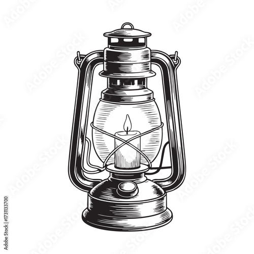 Hand drawn retro lantern with candle engraving style black and white vector