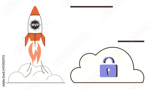 Rocket with MVP label blasting off beside a cloud with a padlock icon, signifying startup growth and cloud security. Ideal for innovation, startups, technology, data, privacy, progress, resilience