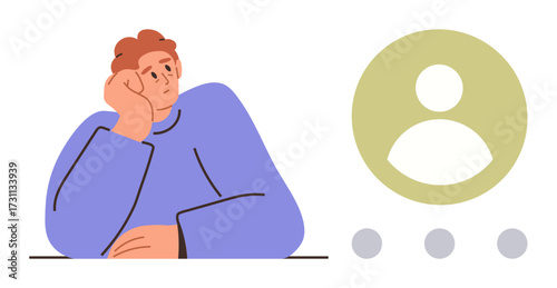 Individual resting head in hand beside abstract profile icon and three dots, expressing reflection and connection. Ideal for introspection, identity, social media, networking, communication