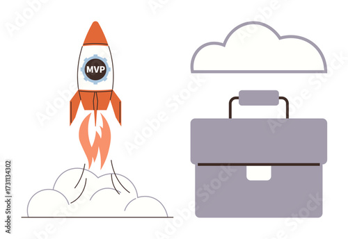 Rocket labeled MVP launching with smoke, briefcase symbolizing business, cloud for digital innovation. Ideal for entrepreneurship, business startup, product launch, innovation, cloud solutions