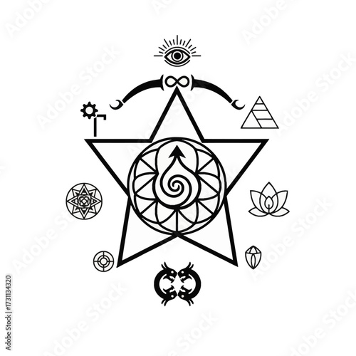 Sacred Geometry design. Hand-drawn style vector for good luck, fortune, and limitless success. Includes Septagram and focus arrow elements. Fully scalable EPS.