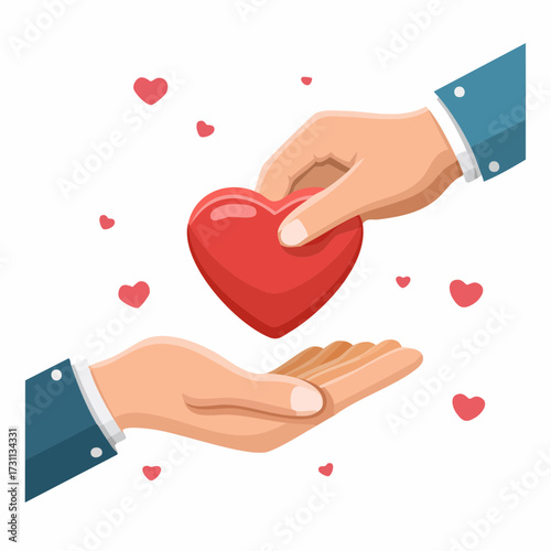 Business hand giving multiple hearts to another hand representing love, generosity, and humanitarian support on white background