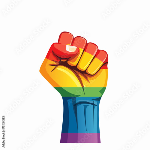 Colorful raised fist with rainbow stripes symbolizing unity, equality, and pride on a white background