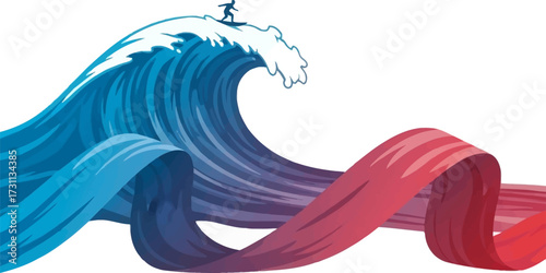 A stylized illustration of a surfer riding a giant blue wave that transforms into a flowing red ribbon.