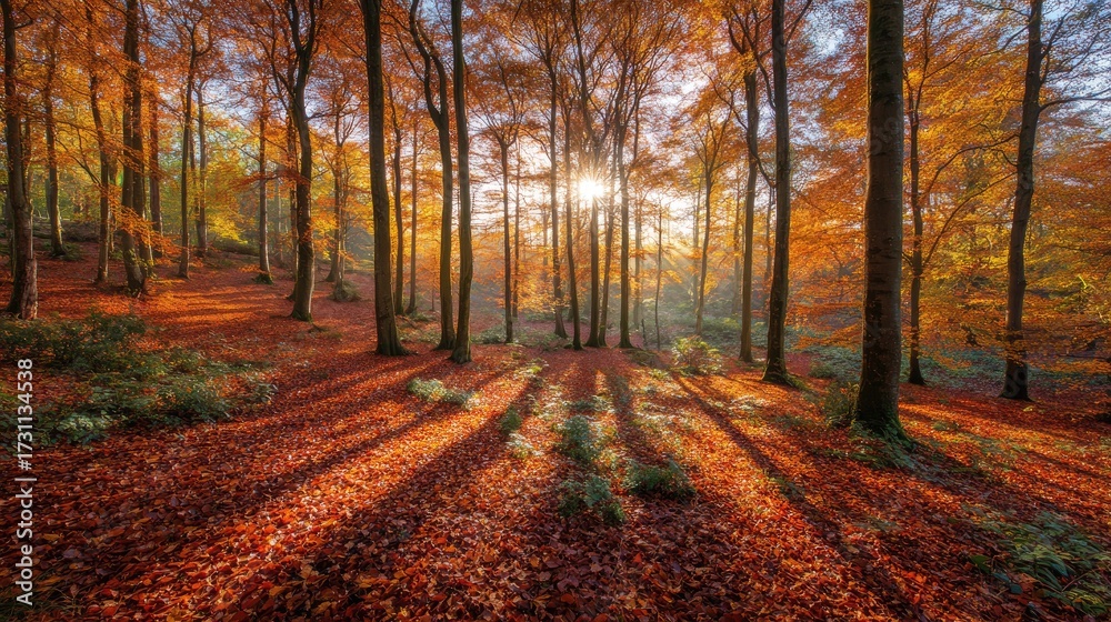 Obraz premium Serene Autumn Forest Landscape with Golden Leaves and Warm Sunlight Streaming Through Tall Trees
