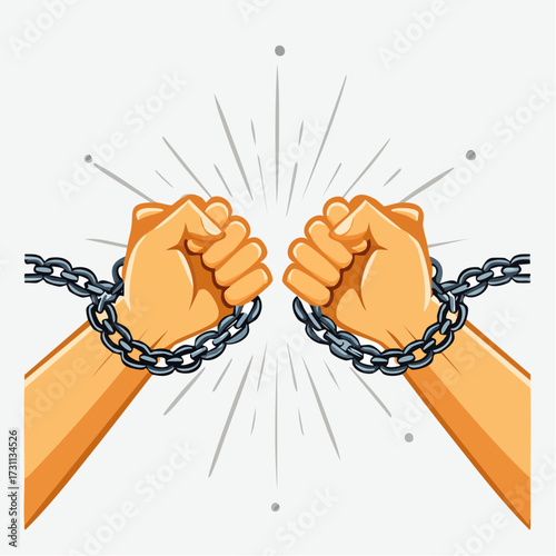 Hands breaking free from chains representing freedom, liberation, and breaking oppression on white background