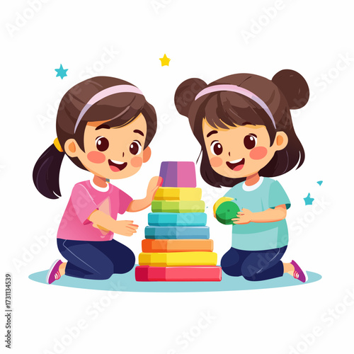 Two girls playing with colorful educational stacking toy promoting cognitive development and friendship