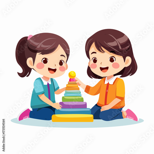 Two children playing together with colorful educational stacking toy representing learning, friendship, and early childhood education