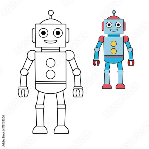 A fun robot-toy coloring page featuring a playful mechanical friend with gears, buttons, and antennas, ready for kids to bring to life with bright colors and creativity.
