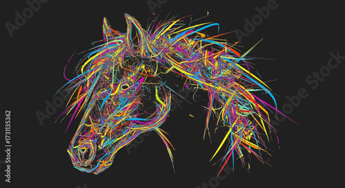 Colorful Abstract Horse Head Silhouette with Vibrant Swirls and Streaks on Black
