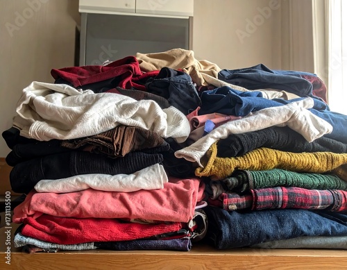 Pile of Clothes on Table.