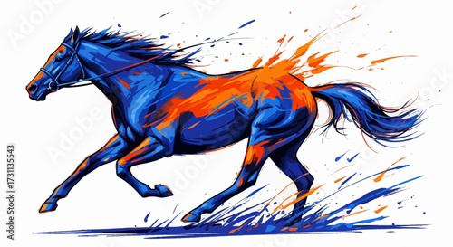 Dynamic Blue and Orange Abstract Horse Galloping with Splashing Paint Effect