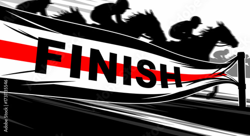 Dynamic Horse Racing Finish Line with Jockeys Silhouetted Against Red and White Banner