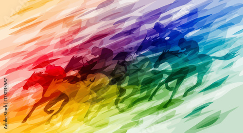 Dynamic Horse Racing Silhouette with Vibrant Rainbow Watercolor Splatter Background