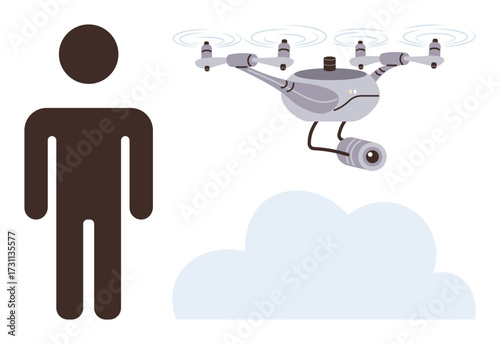Surveillance quadcopter captures data as it hovers by a person standing near a cloud. Ideal for technology, privacy, innovation, monitoring, security, modernity, or ethics themes simple flat metaphor