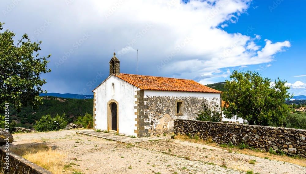 Fototapeta premium Rustic stone chapel on hilltop, scenic landscape