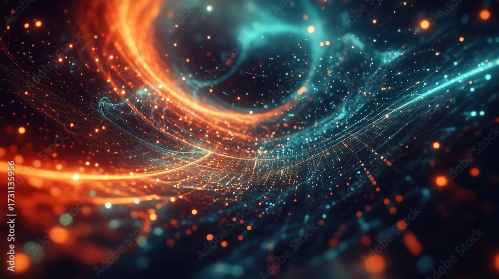 Fototapeta premium Abstract Futuristic Technology Wallpaper with Orange Blue Vortex of Glowing Particles Stars, 3D Rendering